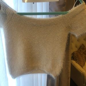 LF Store off the shoulder soft cozy cream crop